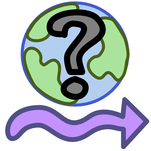 the planet earth with a big grey and black question mark ontop of it, below the planet is a purple squiggly arrow going from left to right. The image has dark line art. 